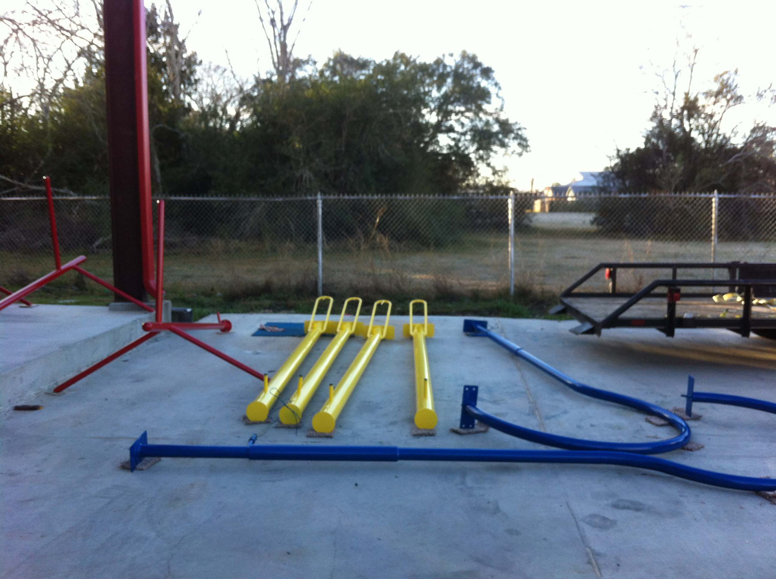 Powder coated metal playground equipment.